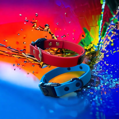 Two Biothane Bettypoo dDog ID collars, one red and one blue, displayed in a dynamic, colorful splash composition with paint splatters and metallic gold accents.